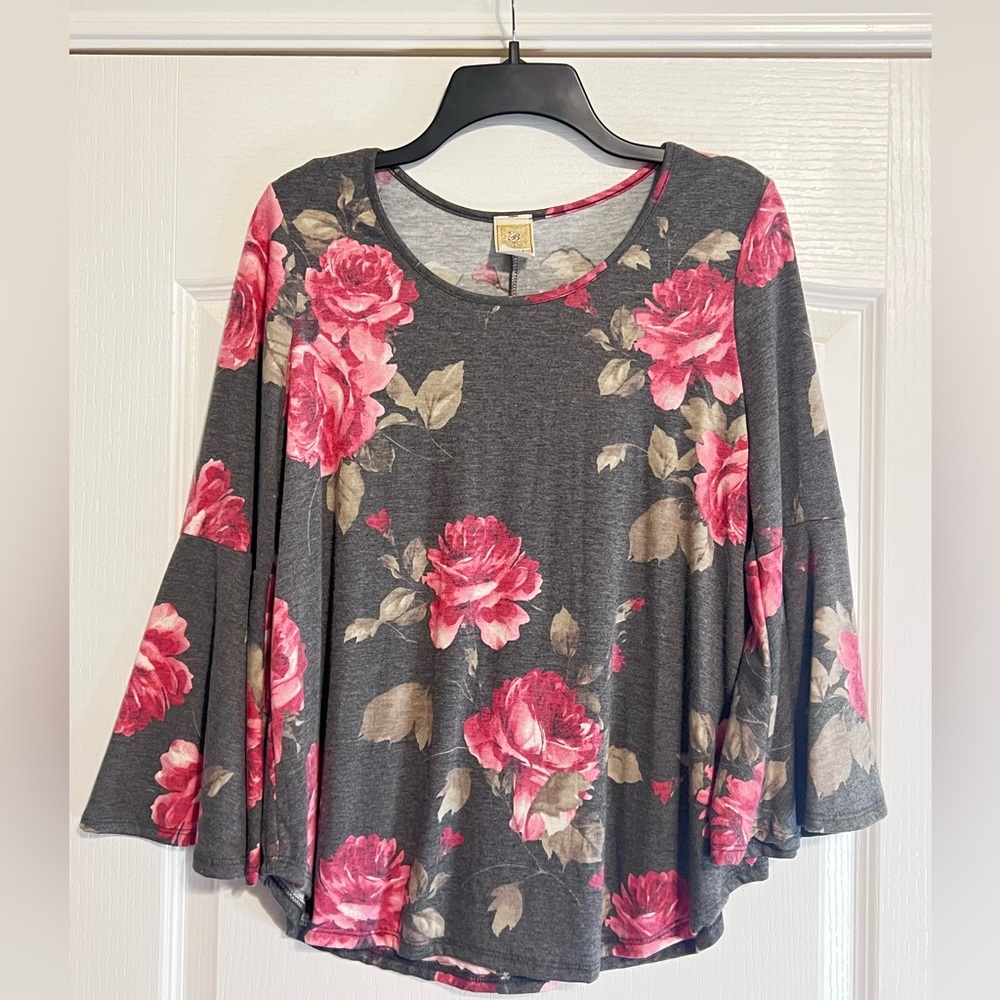 Bonded Flare Sleeve Pink and Grey Floral Top